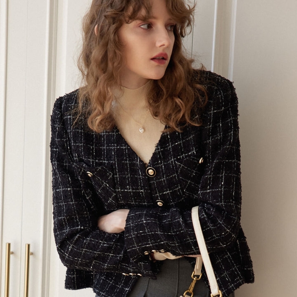 Simple Retro Chic Black and White Plaid Jacket
